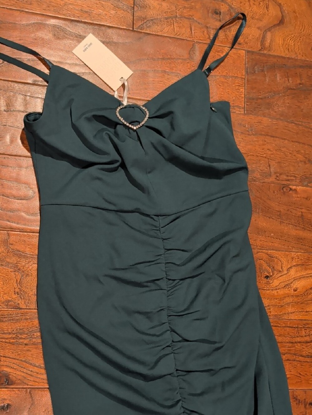 Grace Karin Teal Ruched Midi Dress with Heart Ring - Picture 5 of 12